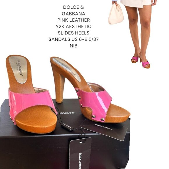 DOLCE & GABBANA D&G PINK LEATHER SLIDES SANDALS HEELS‎ US 6-6.5/37 NIB Y2K - Picture 1 of 5